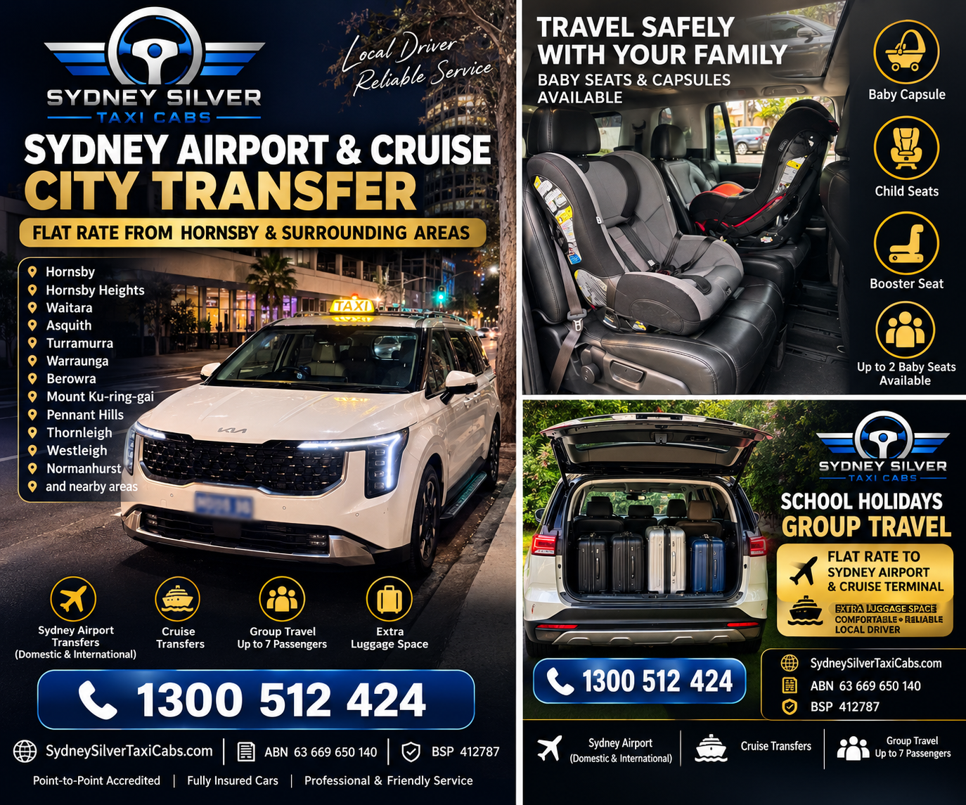 Sydney Silver Taxi Cabs flyer: $150 flat rate from Hornsby and surrounding areas to Sydney Airport or the cruise terminals, with baby seats and luggage space